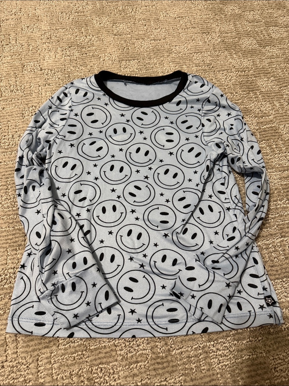 Smiley Face Long Sleeve Tee in Light Blue and Black, size 8